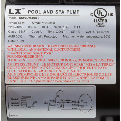 Pump, LX 56WUA, 3.0hp, 230v, 1-Spd, 56Fr, 2", SD : 56WUA300-I - Lingxiao (LX) Pump - 56WUA300-I - PartsForSpas.com