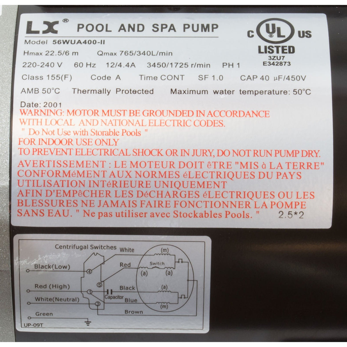 Pump, LX 56WUA, 4.0hp, 230v, 2-Spd, 56Fr, 2.5 x 2", SD : 56WUA400-II(2.5*2) - Lingxiao (LX) Pump - 56WUA400-II(2.5*2) - PartsForSpas.com