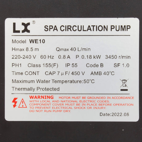 Pump, Circ, LX WE10, 230v, 3450rpm, 0.8A, 3/4"b : WE10 230V - Lingxiao (LX) Pump - WE10 230V - PartsForSpas.com