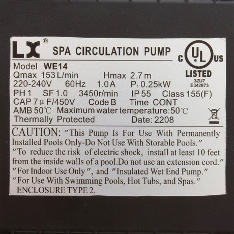 Pump, Circ, LX WE14, 230v, 3450rpm, 1.0A, 1-1/2"mbt : WE14 230V - Lingxiao (LX) Pump - WE14 230V - PartsForSpas.com