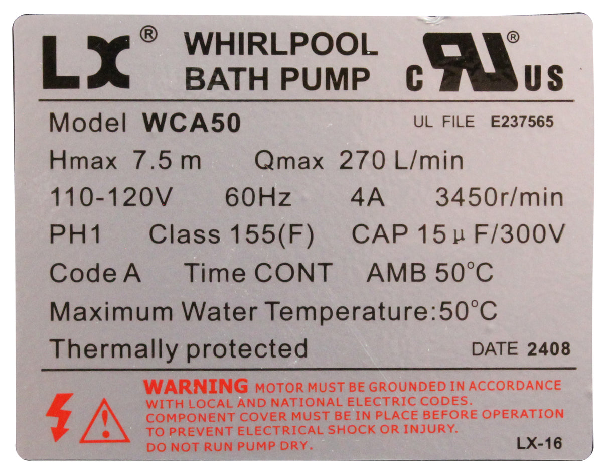Pump, Circ, LX WCA, for Platinum Spa (USA Version) : WCA50 - Lingxiao (LX) Pump - WCA50 - PartsForSpas.com