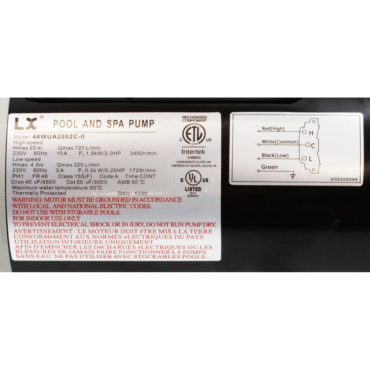 Pump, LX 48WUA, 2.0hp, 230v, 2-Spd, 48Fr, 2", SD, Bracketless : 48WUA2002C-II(NF) - Lingxiao (LX) Pump - 48WUA2002C-II(NF) - PartsForSpas.com