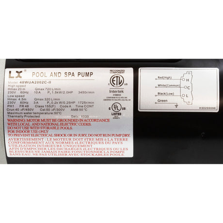 Pump, LX 48WUA, 2.0hp, 230v, 2-Spd, 48Fr, 2", SD, Bracketless : 48WUA2002C-II(NF) - Lingxiao (LX) Pump - 48WUA2002C-II(NF) - PartsForSpas.com