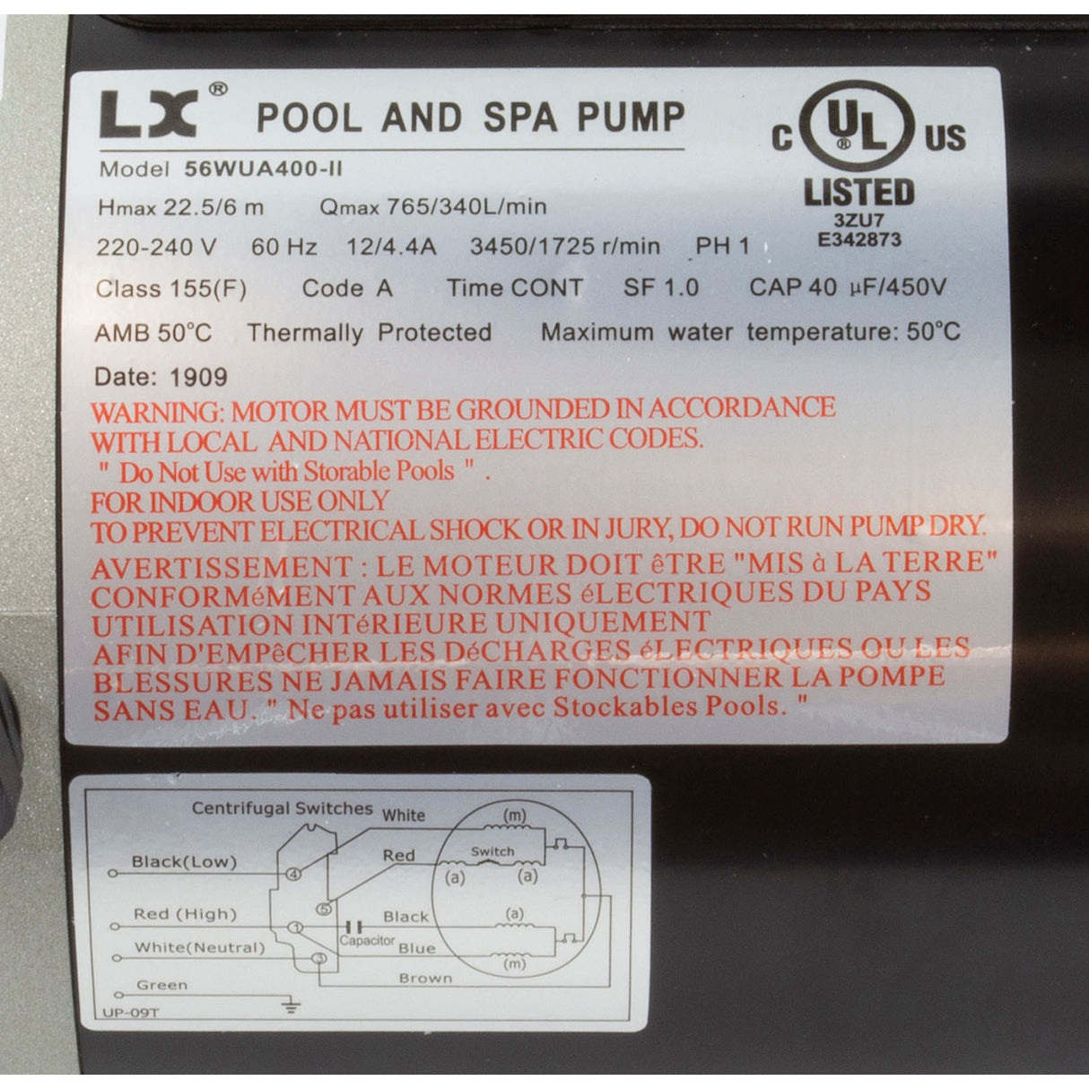 Pump, LX 56WUA, 4.0hp, 230v, 2-Spd, 56Fr, 2", SD, Bracketless : 56WUA400-II(NF) - Lingxiao (LX) Pump - 56WUA400-II(NF) - PartsForSpas.com