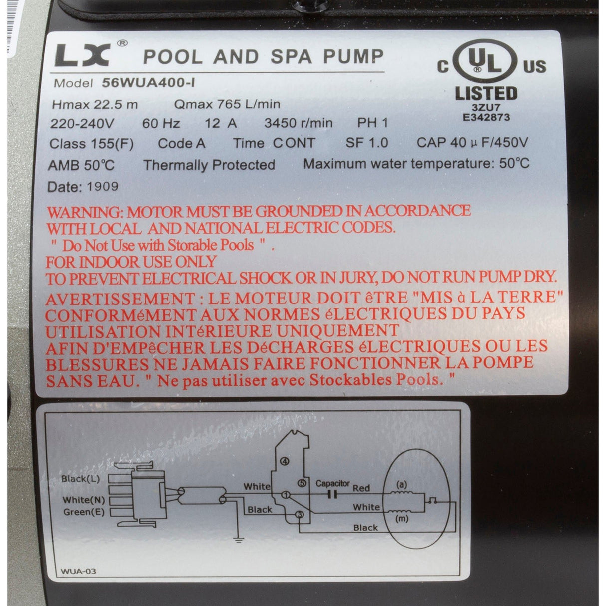Pump, LX 56WUA, 4.0hp, 230v, 1-Spd, 56Fr, 2", SD, Bracketless : 56WUA400-I(NF) - Lingxiao (LX) Pump - 56WUA400-I(NF) - PartsForSpas.com