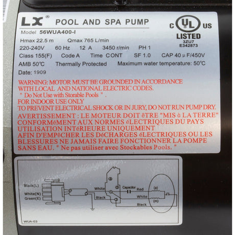 Pump, LX 56WUA, 4.0hp, 230v, 1-Spd, 56Fr, 2", SD, Bracketless : 56WUA400-I(NF) - Lingxiao (LX) Pump - 56WUA400-I(NF) - PartsForSpas.com