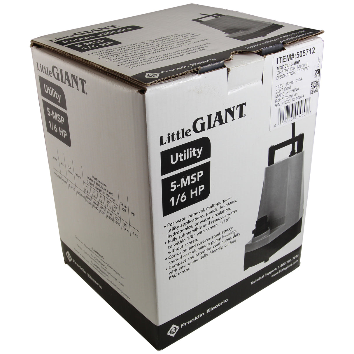 Pump, Submersible, Little Giant 5-MSP, 1/6hp, 115V, 25ft : 505712 - Little Giant / Franklin - 0029753004608 - PartsForSpas.com