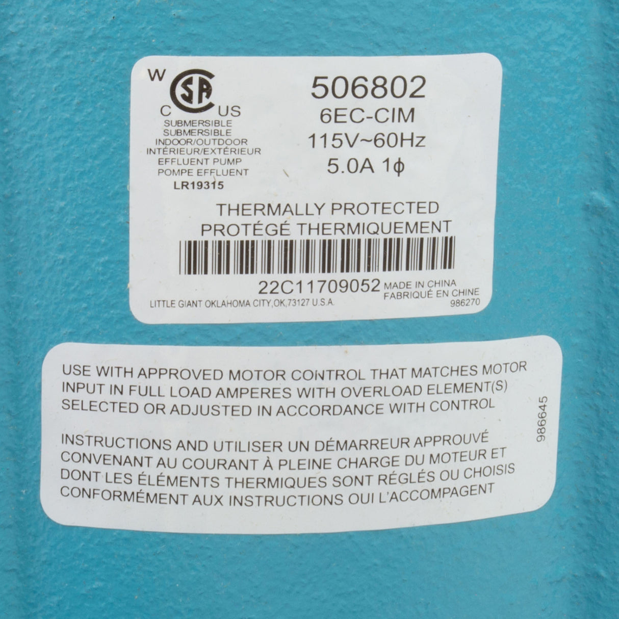 Pump, Sump, Little Giant 6EC-CIM, 115v, Plastic Base, 20ft Cord : 506802