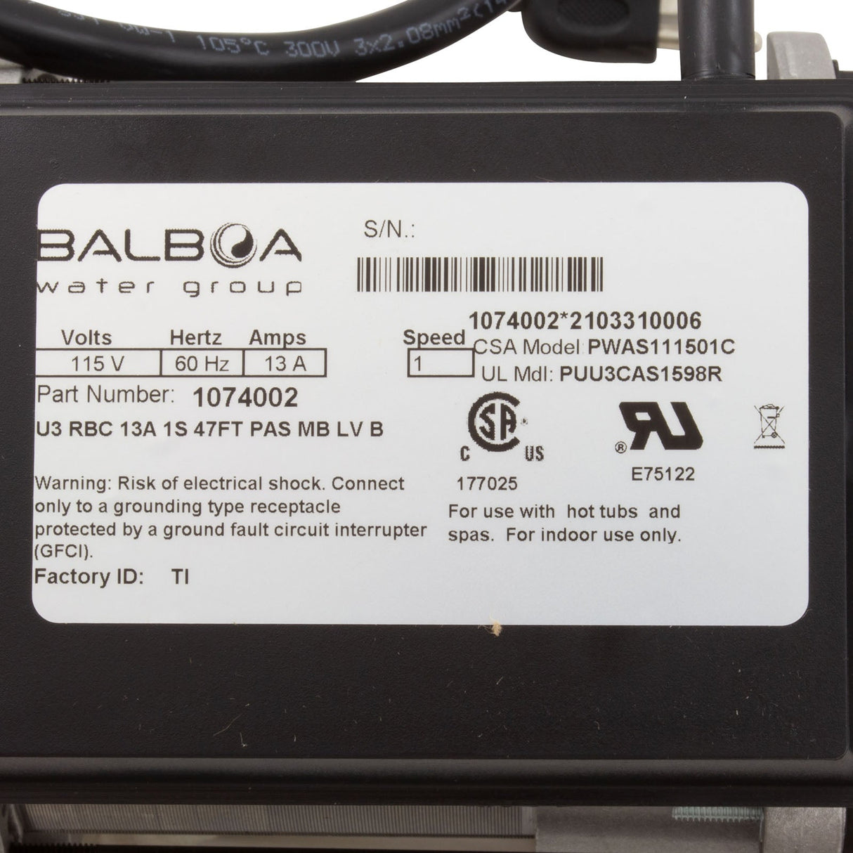 Pump, Bath, BWG Vico WOW, 1.5hp, 115v, w/Air Switch & Cord, OEM : 1074002 - Vico/Balboa - 1074002 - PartsForSpas.com