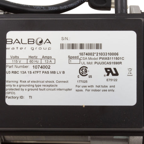 Pump, Bath, BWG Vico WOW, 1.5hp, 115v, w/Air Switch & Cord, OEM : 1074002 - Vico/Balboa - 1074002 - PartsForSpas.com