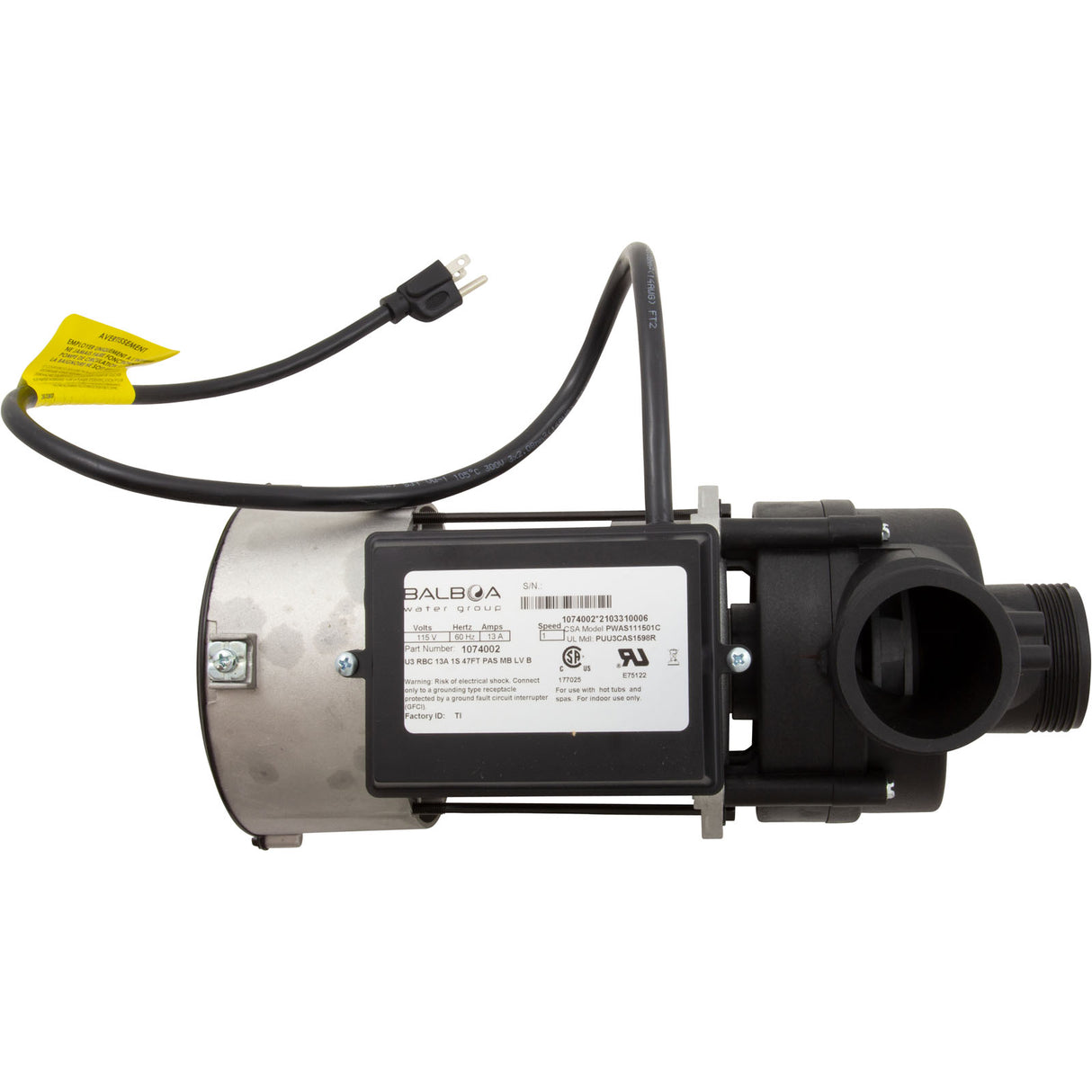 Pump, Bath, BWG Vico WOW, 1.5hp, 115v, w/Air Switch & Cord, OEM : 1074002 - Vico/Balboa - 1074002 - PartsForSpas.com