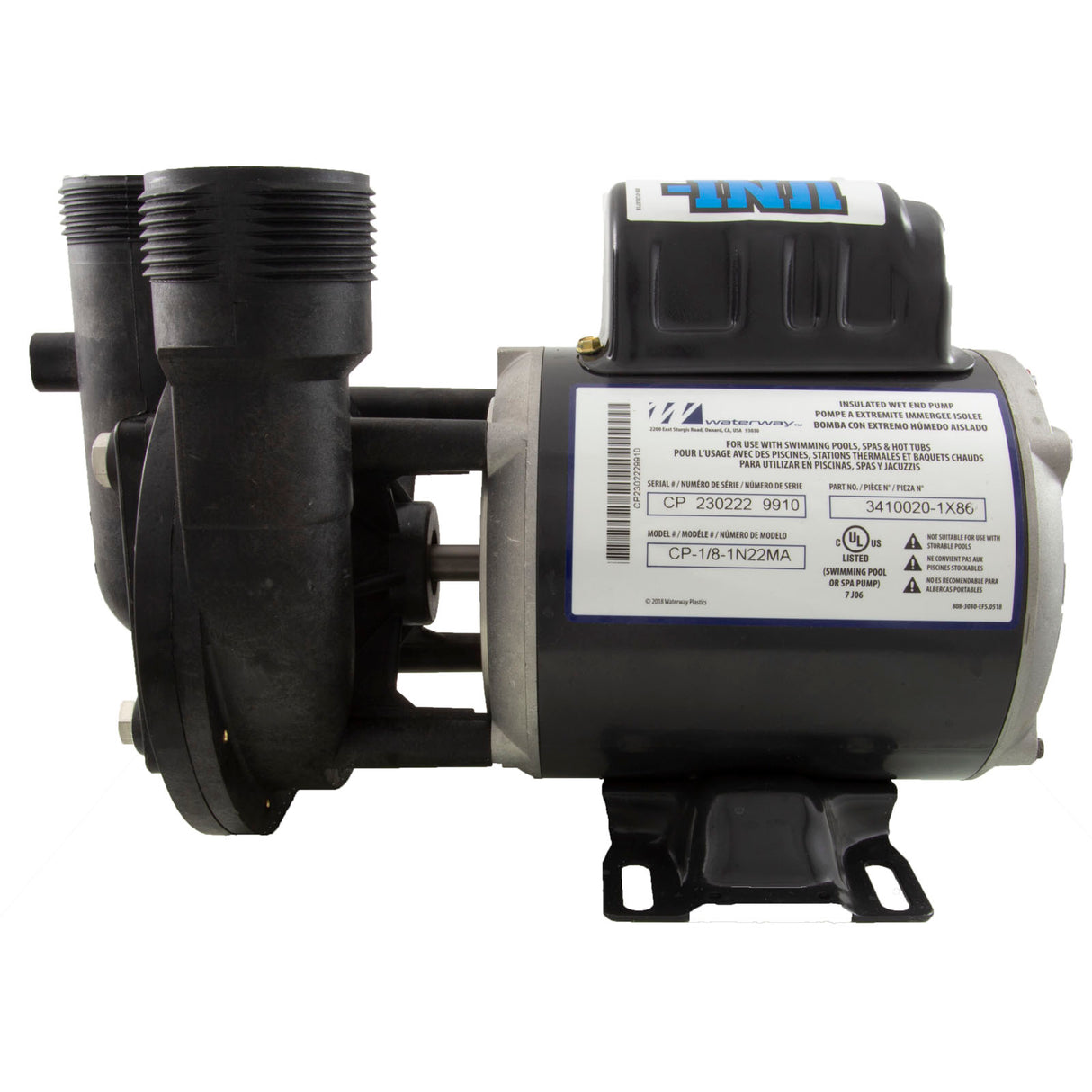 Pump, Circ, Waterway Uni-Might, 1/8hp, 230v, 1-Spd, 48Fr, 50/60Hz : 3410020-1X86 - Waterway Plastics - 806105500274 - PartsForSpas.com