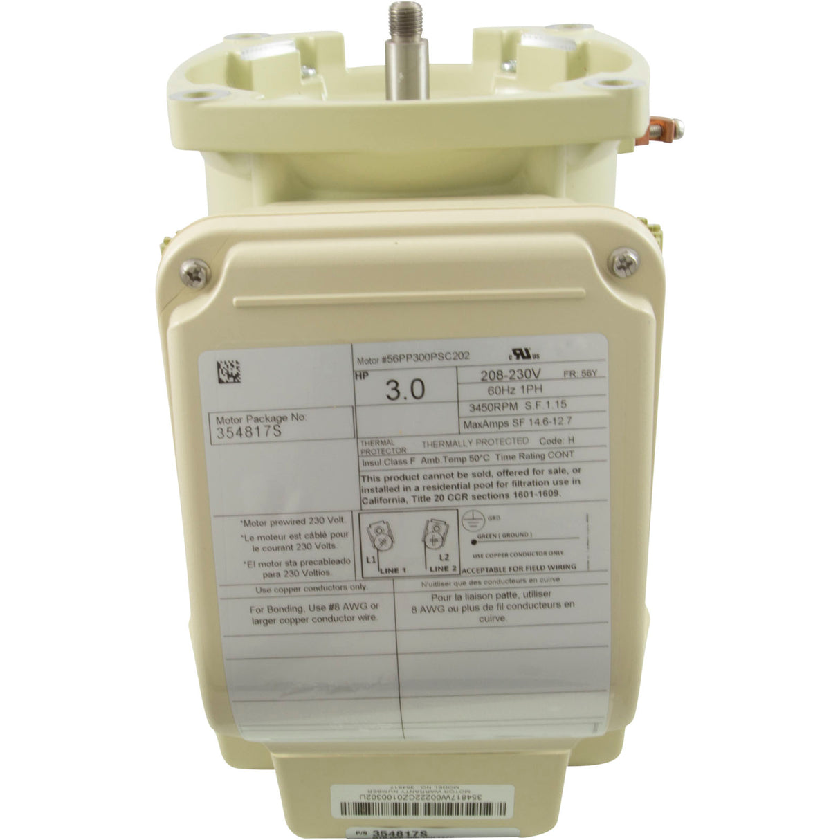 Motor, Pentair WF/WFXF, 3.0hp, 208-230v, 1-Spd, 56Y, SQFL, TEFC : 354817S