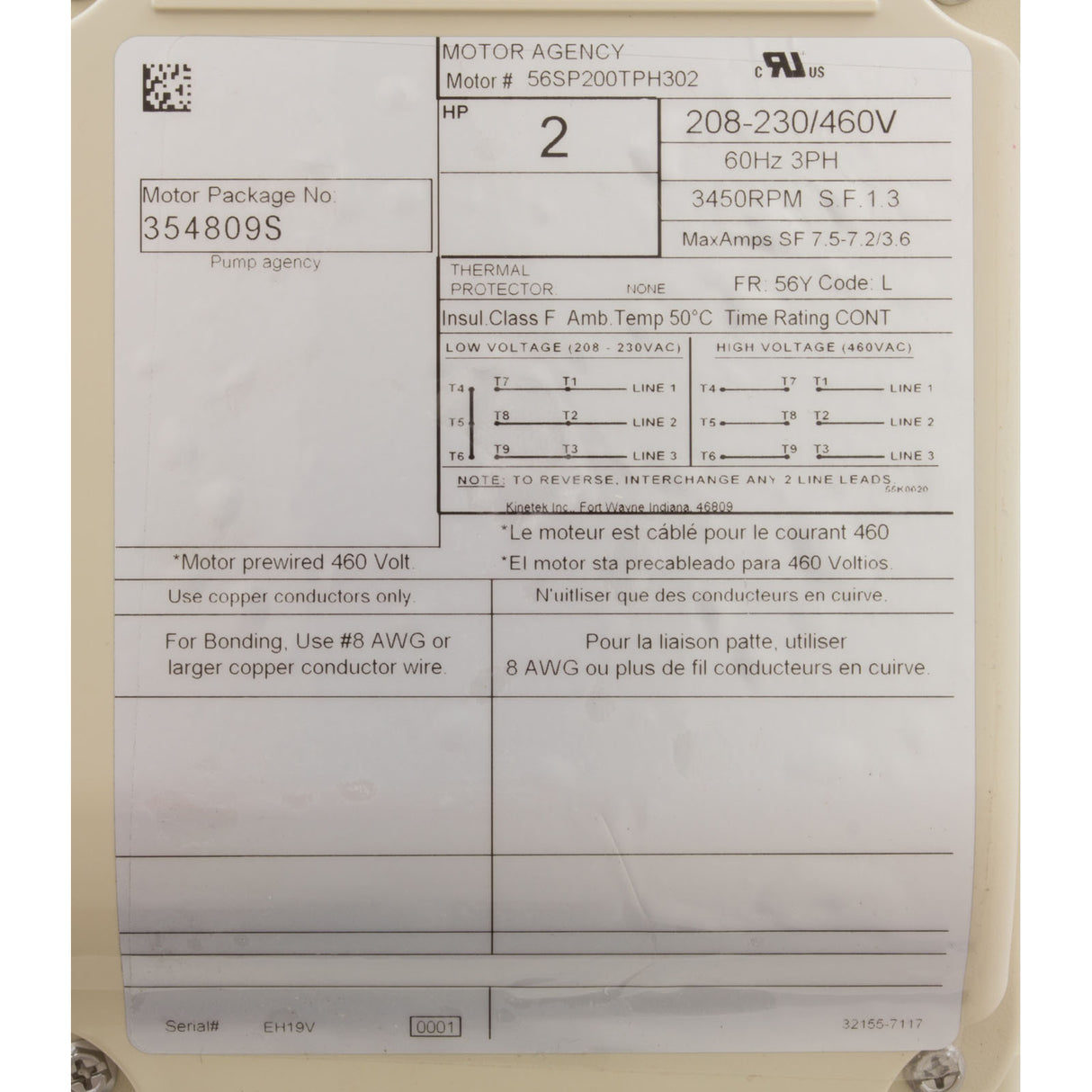 Motor, Pentair WF/WFXF, 2.0hp, 1Spd, 208-230/460v, 3PH, SQFL, TEFC : 354809S