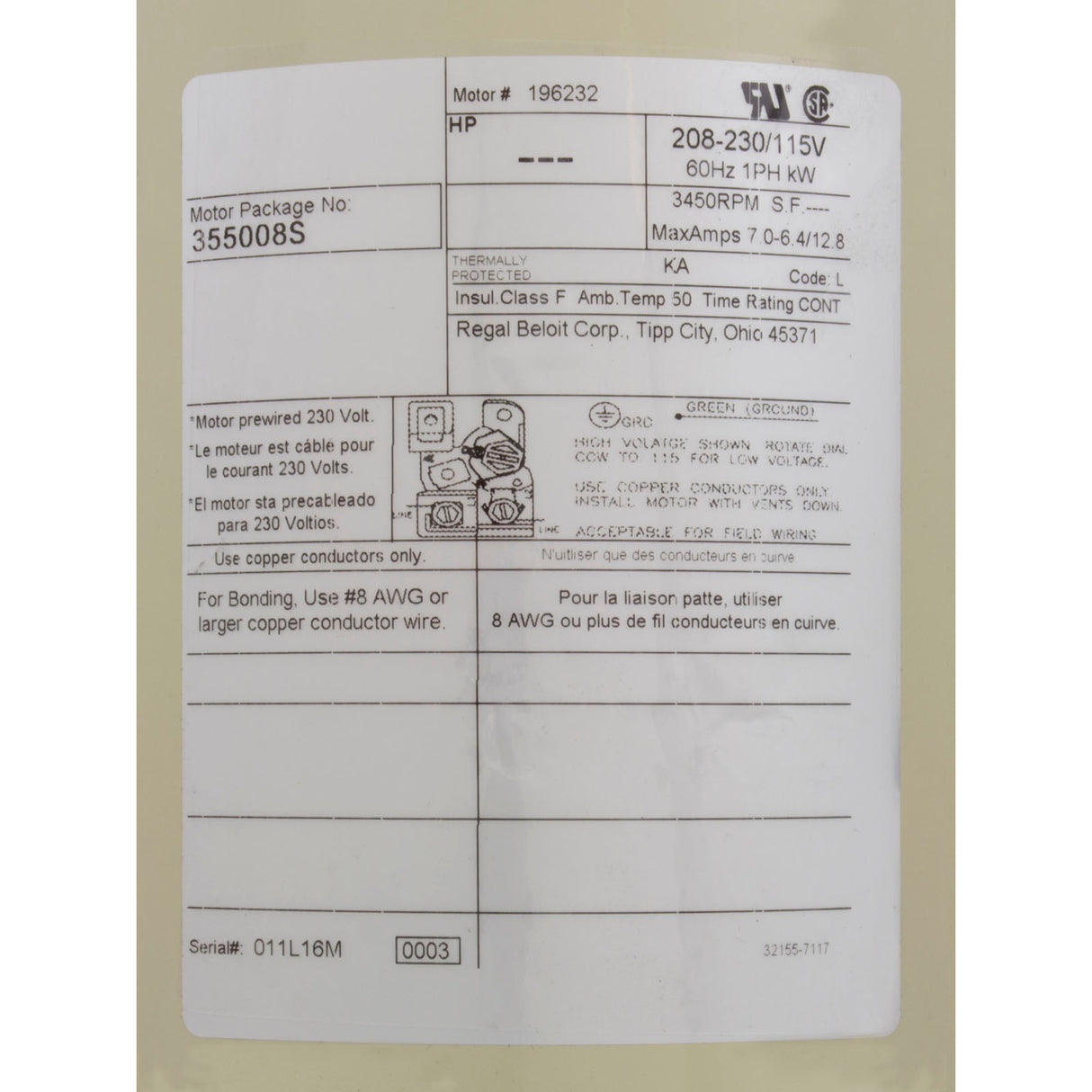 Motor, Pentair SF/WF, 0.75hp, 115/208-230v, 1-Spd, SQFL, EE, Full : 355008S