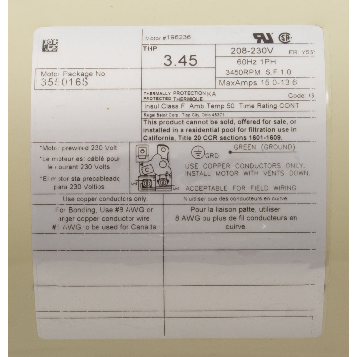 Motor, Pentair WFXF, 3.0hp, 208-230v, 1-Spd, SQFL, High Eff, OEM : 355016S