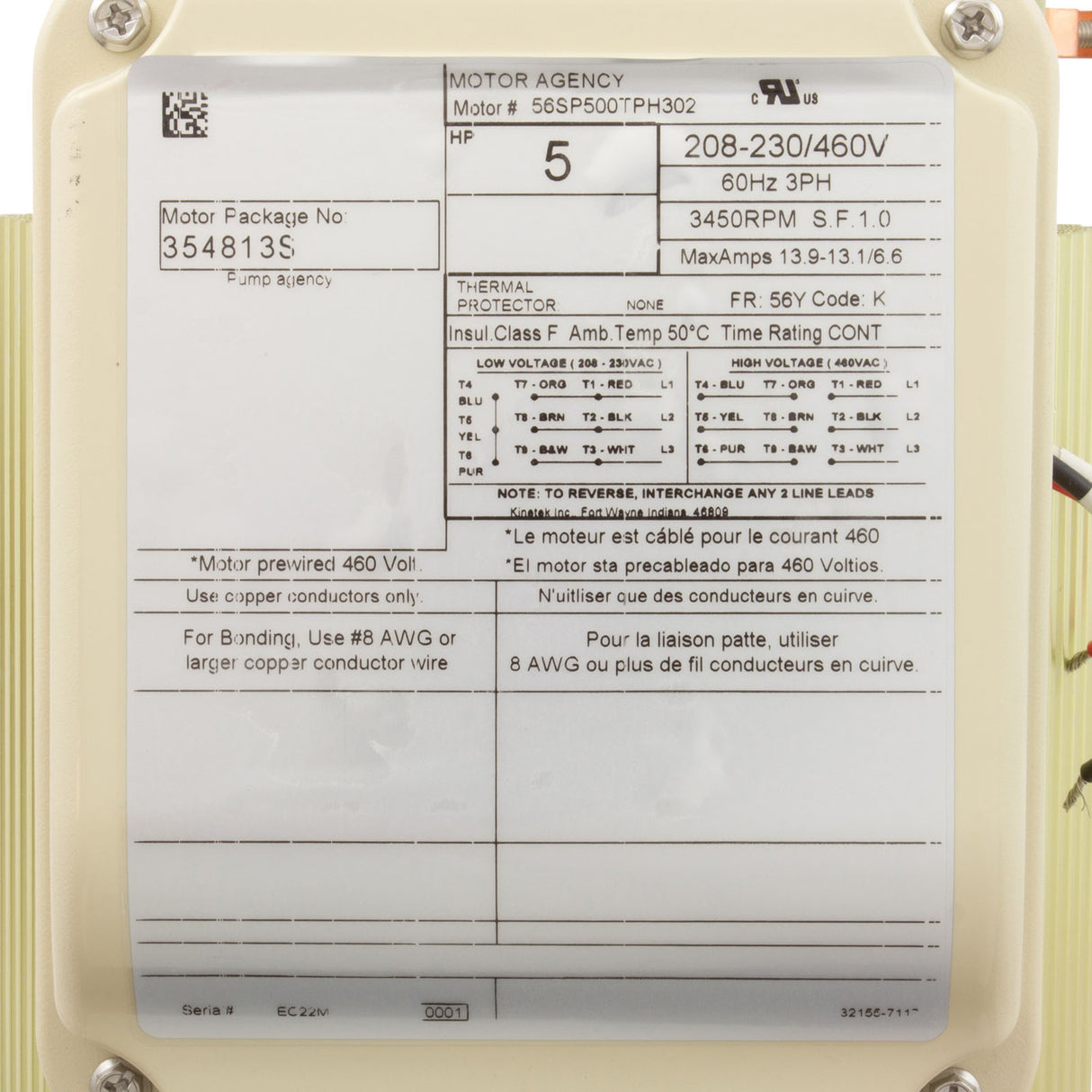 Motor, Pentair WFXF, 5.0hp, 3PH, TEFC, 208-230/460v, Almond : 354813S