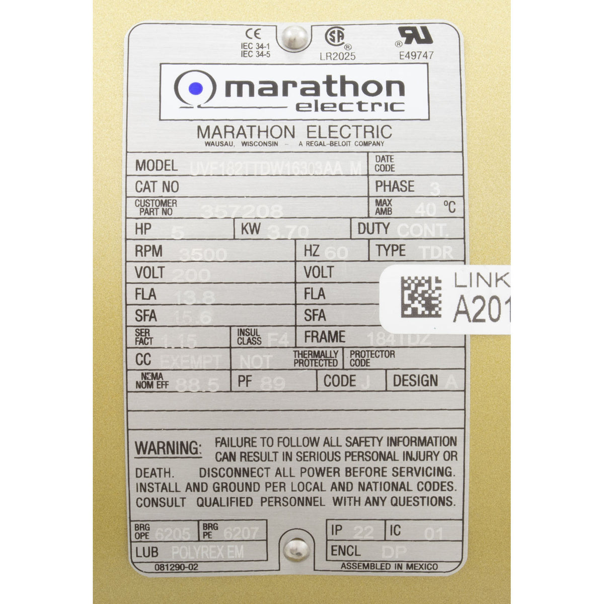 Motor, Pentair C Series, 5.0hp, 200v/208v, 3-Phase : 357206S