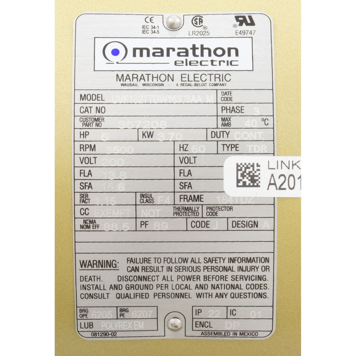 Motor, Pentair C Series, 5.0hp, 200v/208v, 3-Phase : 357206S