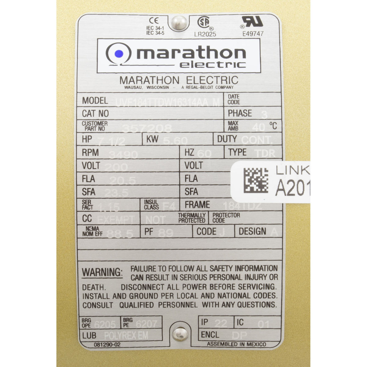 Motor, Pentair C Series, 7.5hp, 200v/208v, 1-Phase : 357207S