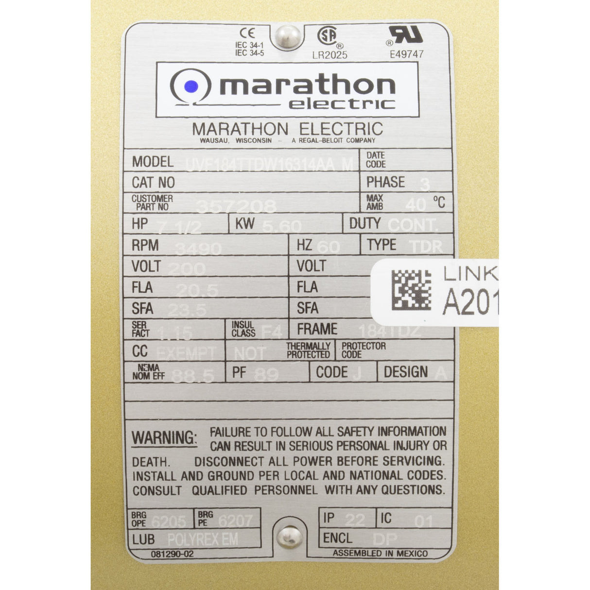 Motor, Pentair C Series, 7.5hp, 200v/208v, 3-Phase : 357208S