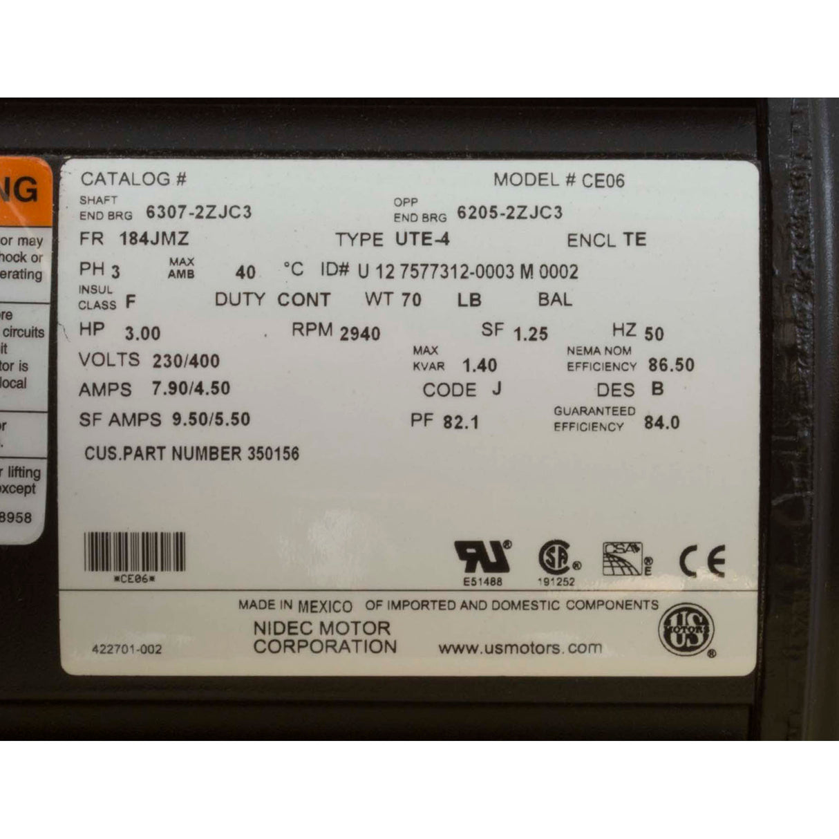 Motor, USMotor, 3.0hp, 230v/460v, 3ph, 1-Spd, 50Hz, EQ Series, Pool : 350156S