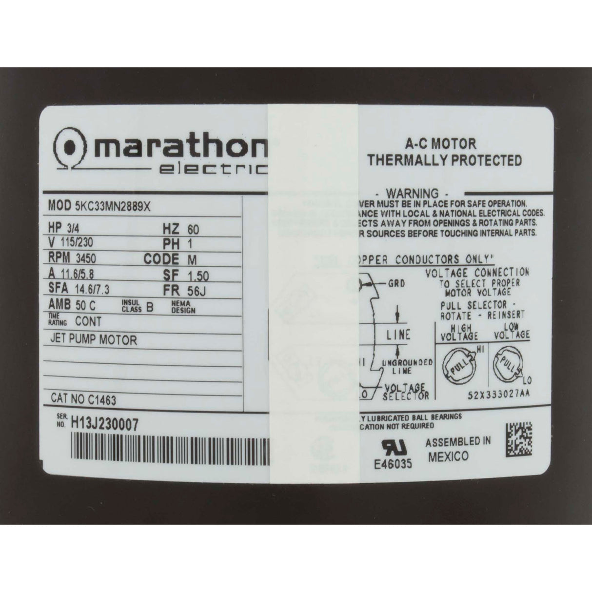 Motor, Marathon, 0.75hp, 115v/230v, 1-Spd, 56Jfr, C-Face Thd : 5U171