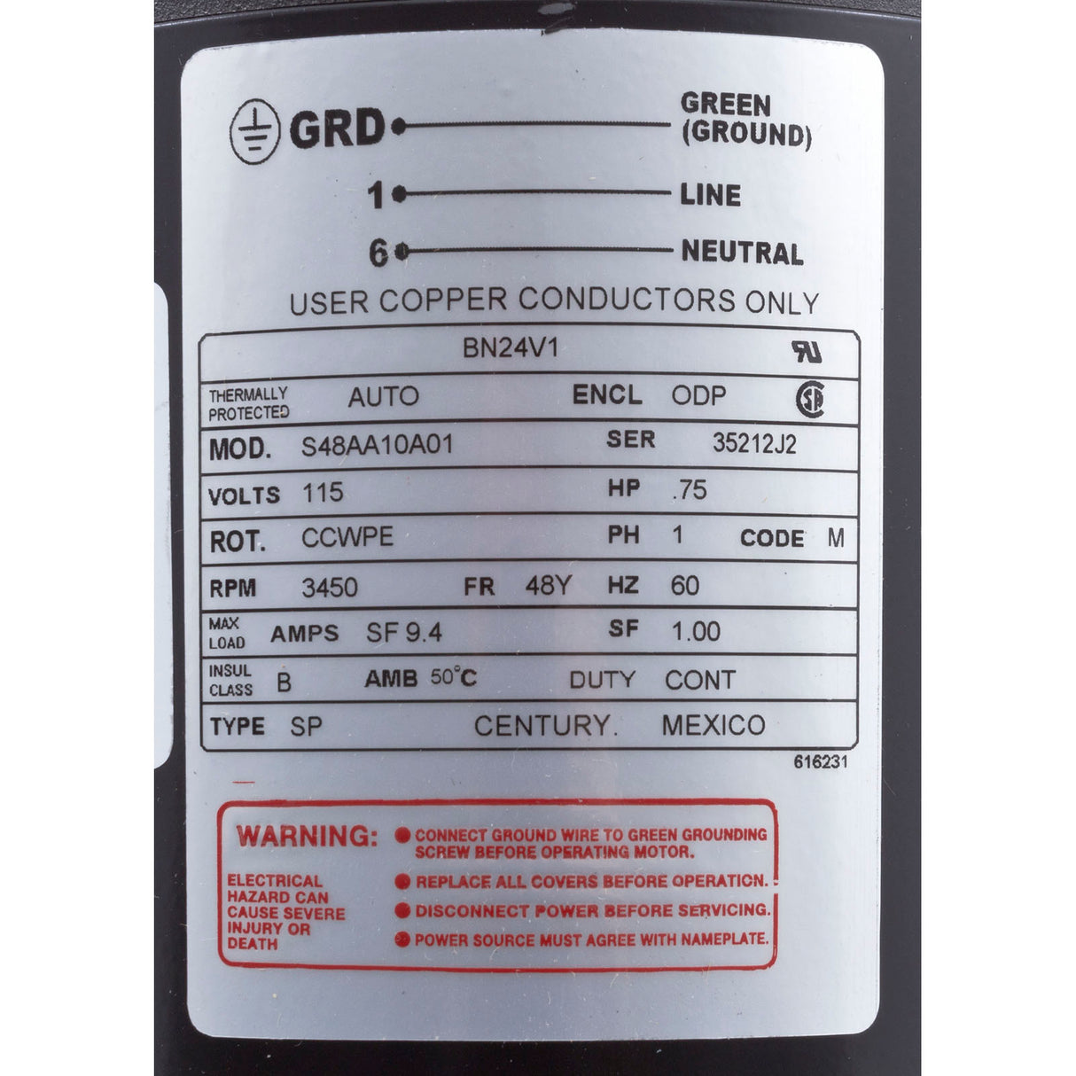 Motor, Century, 0.75 Horsepower, 115v, 1 Speed, 48 Frame : BN24V1