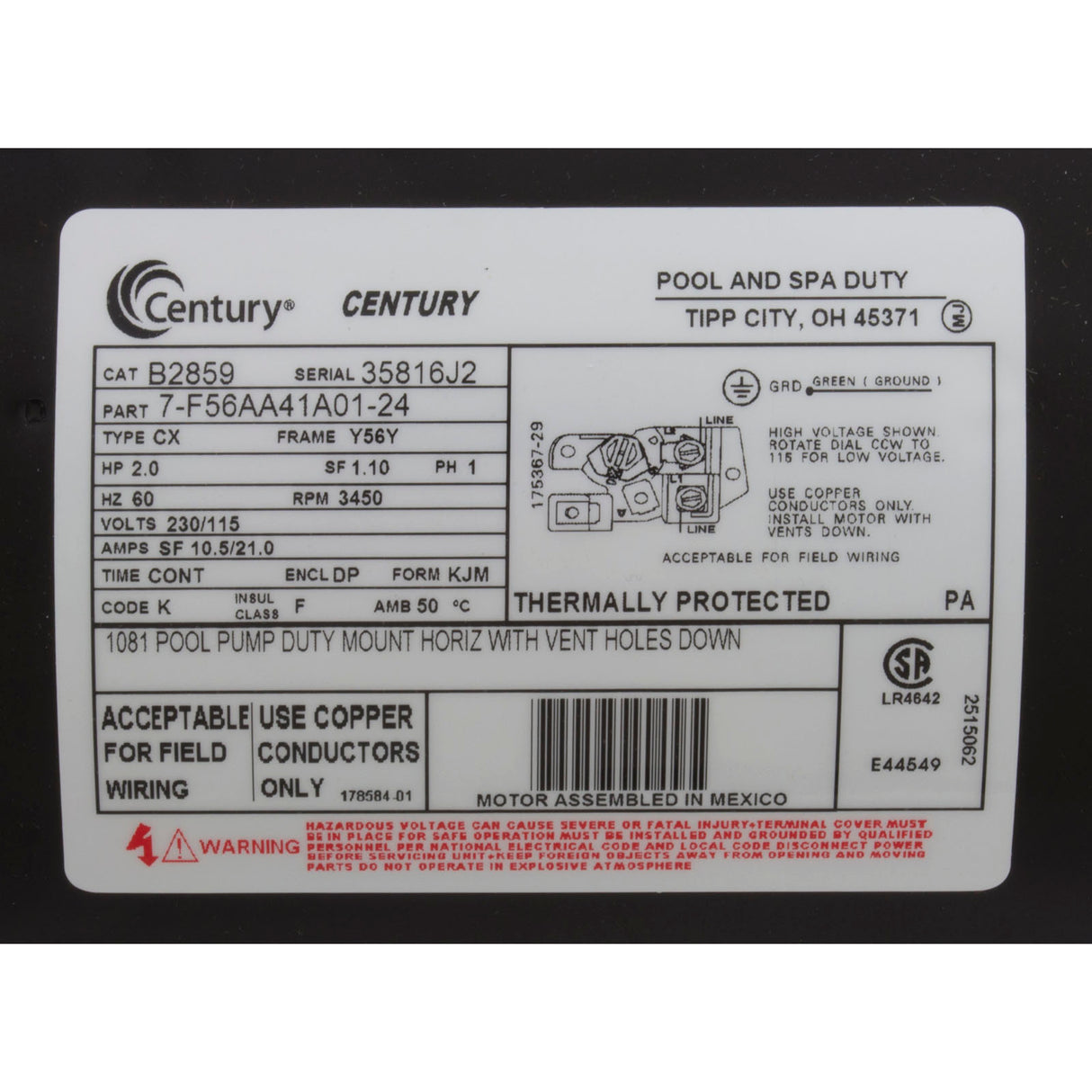 Motor, Century, 2hp, 115/230v, 1-Spd, 56Fr, Up Rate : B2859