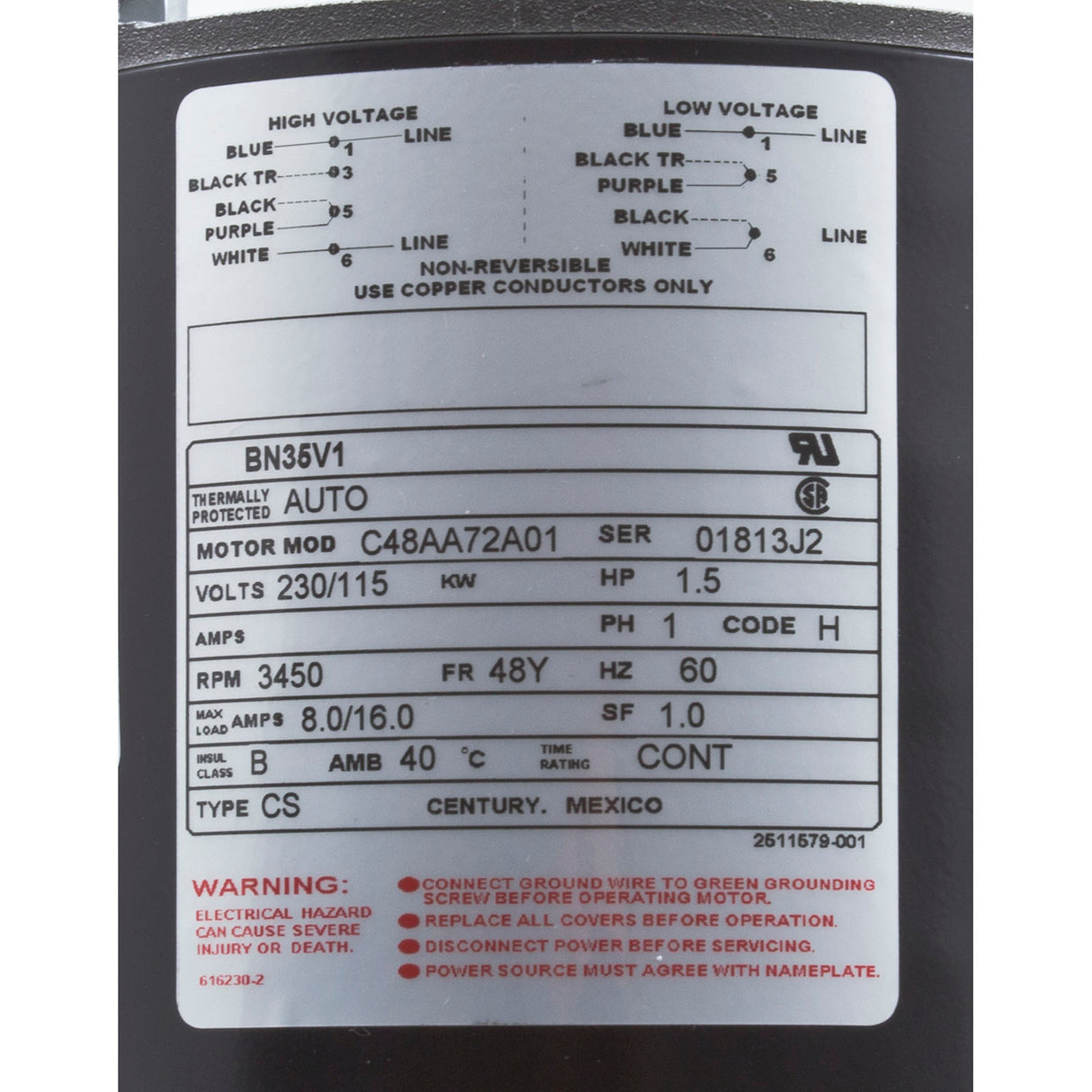 Motor, Century, 1.5 Horsepower, 115v/230v, 1 Speed, 48 Frame : BN35V1