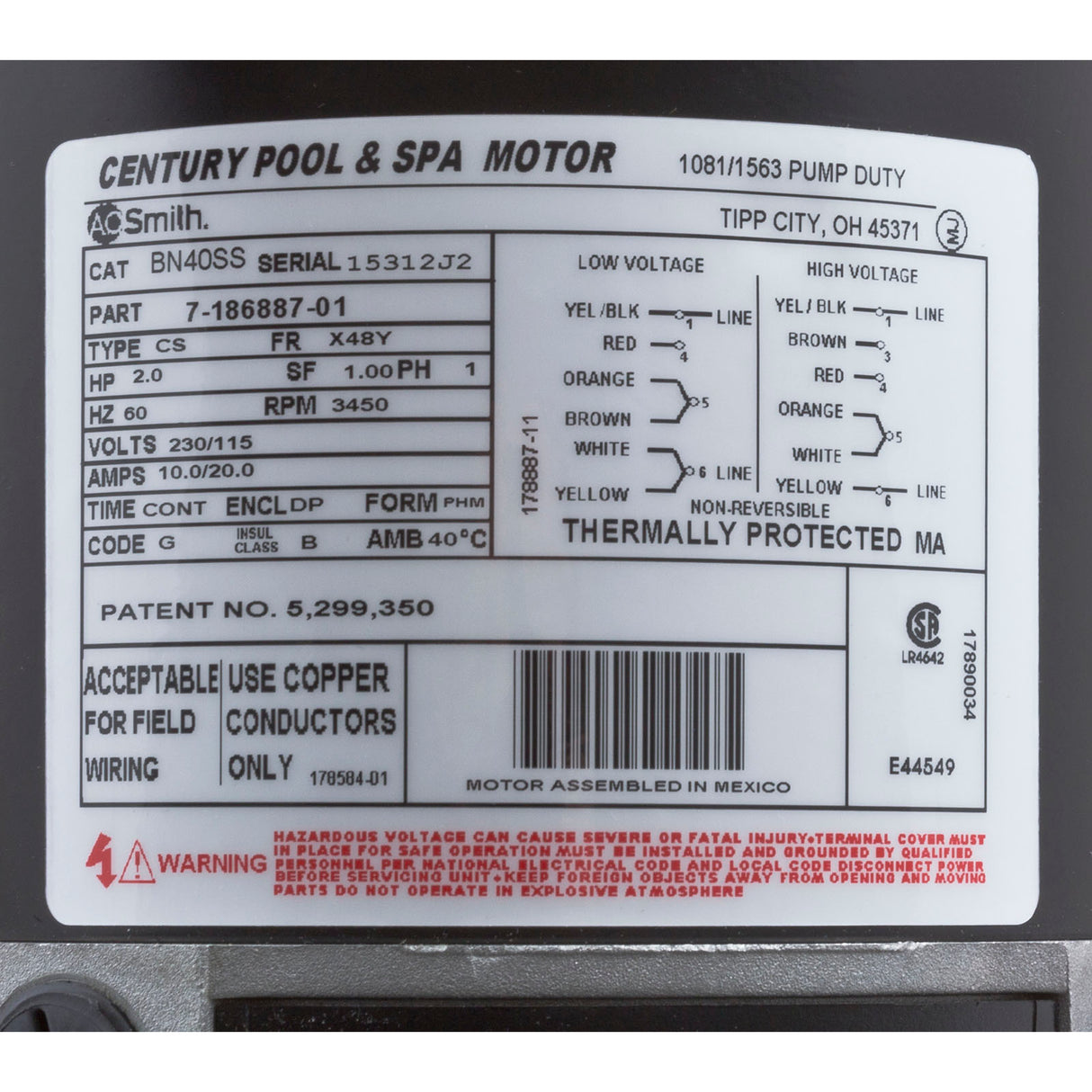 Motor, Century, 2.0 Horsepower, 115v/230v, 1 Speed, 48 Frame : BN40SS