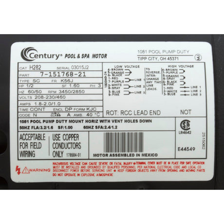Motor, Century, 0.5hp, 208v-230v/460v, 3ph, 56Jfr, C-Face Thd : H282 - Century - 786674023179 - PartsForSpas.com