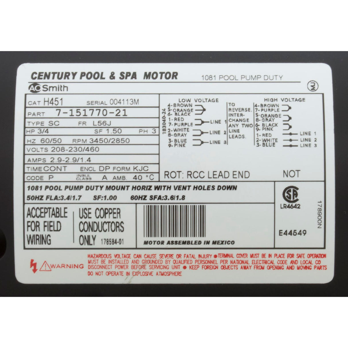 Motor, Century, 0.75hp, 208v-230v/460v, 3ph, 56Jfr, C-Face Thd : H451
