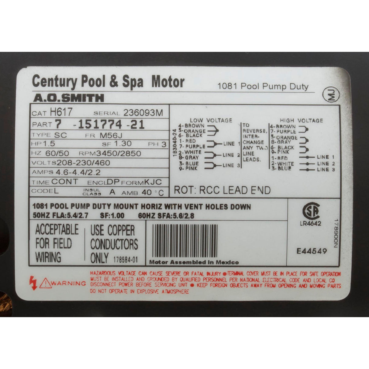 Motor, Century, 1.5hp, 208v-230v/460v, 3ph, 56Jfr, C-Face Thd : H617 - Century - H617 - PartsForSpas.com