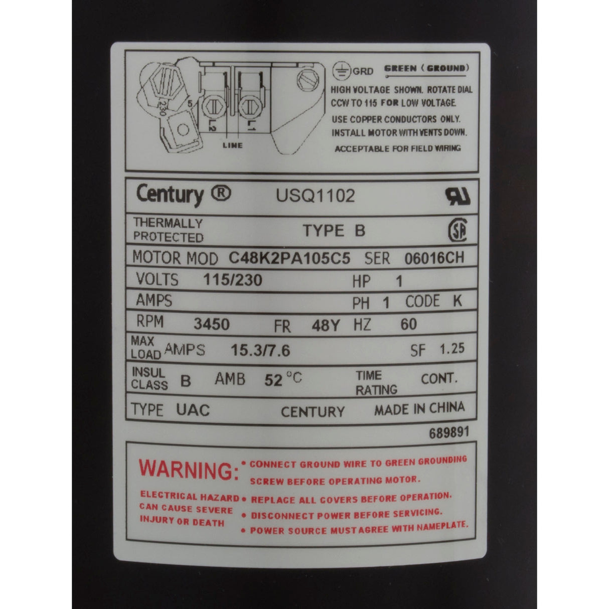 Motor, Century, 1.0hp, 115v/230v, 1-Speed, 48Y Frame : USQ1102