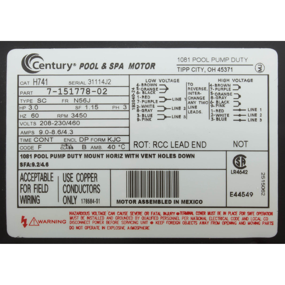 Motor, Century, 3.0hp, 208v-230v/460v, 3ph, 56Jfr, C-Face Thd : H741 - Century - 786674024299 - PartsForSpas.com