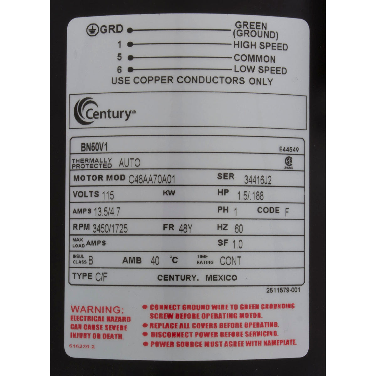 Motor, Century, 1.5 Horsepower, 115v, 2 Speed, 48 Frame : BN50V1