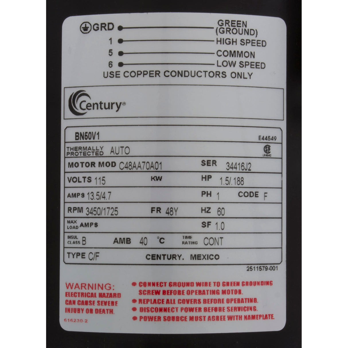 Motor, Century, 1.5 Horsepower, 115v, 2 Speed, 48 Frame : BN50V1