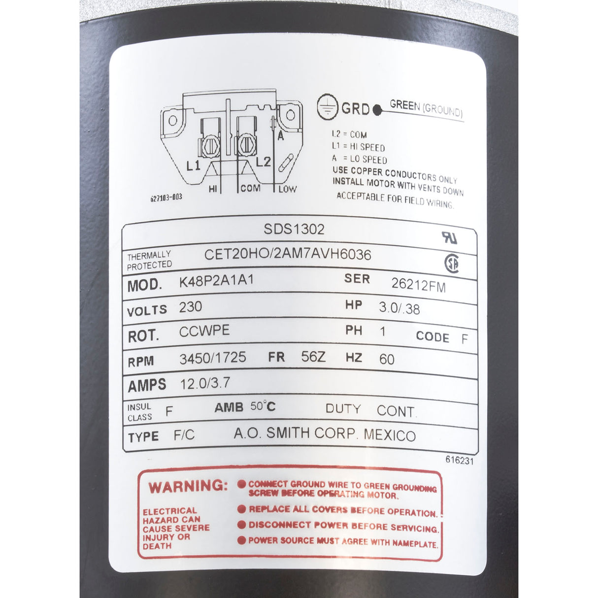 Motor, Century, 3.0 Horsepower, 230v, 2 Speed, 48 Frame : SDS1302