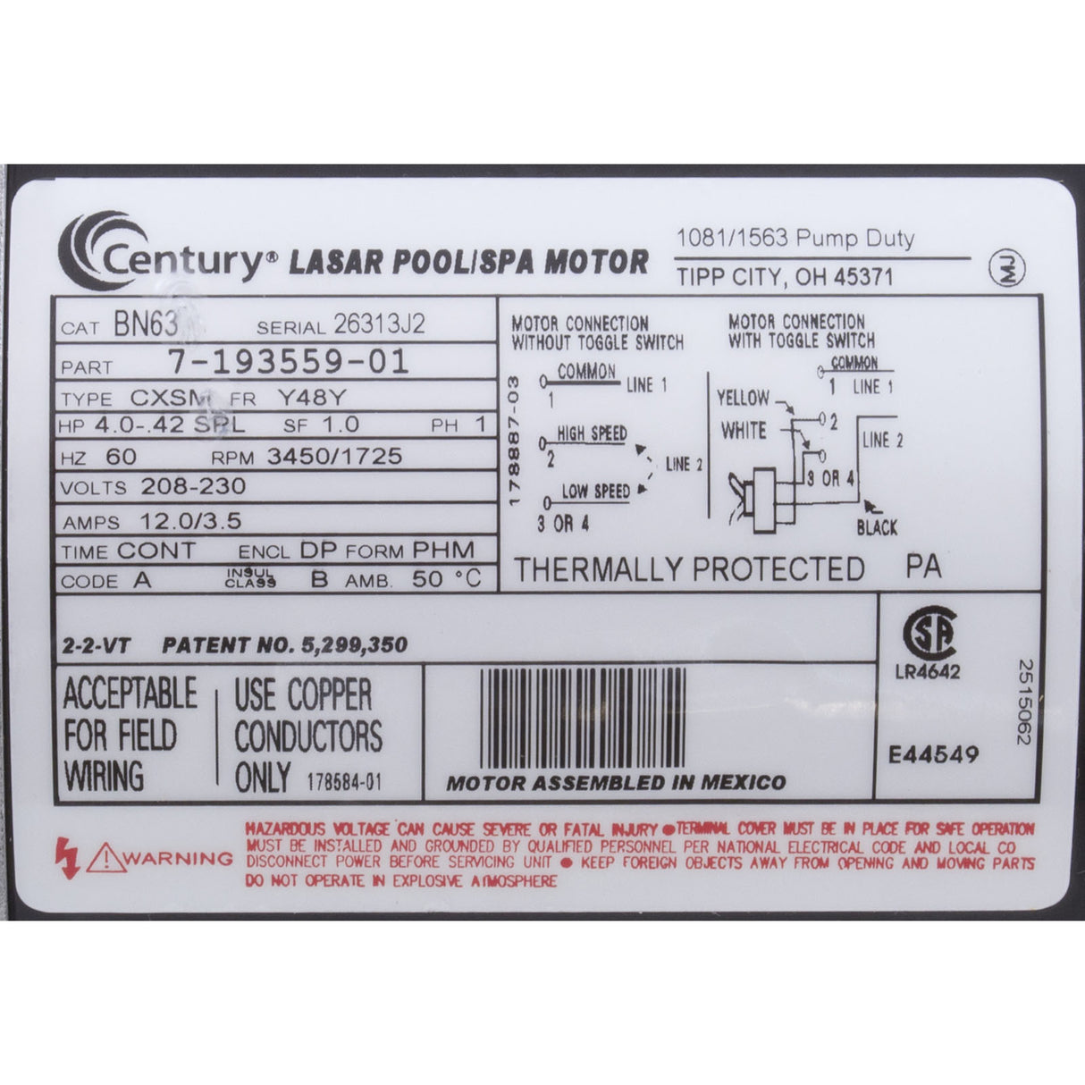 Motor, Century, 4.0 Horsepower, 208v-230v, 2 Speed, 48 Frame : BN-63