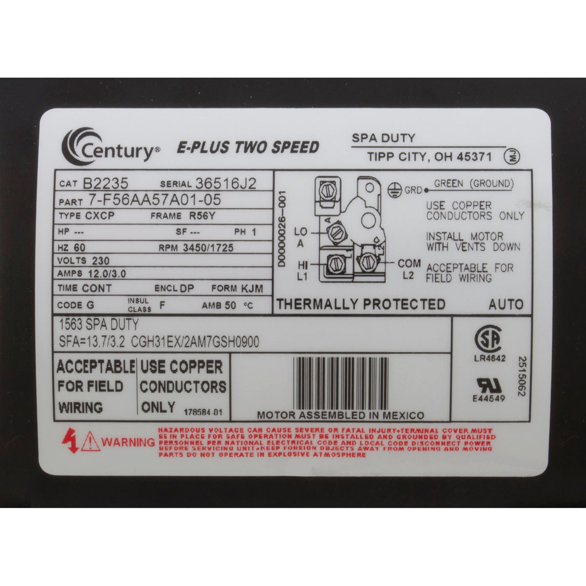 Motor, Century, 4.0 Horsepower, 230v, 2 Speed, 56 Y Frame : B2235