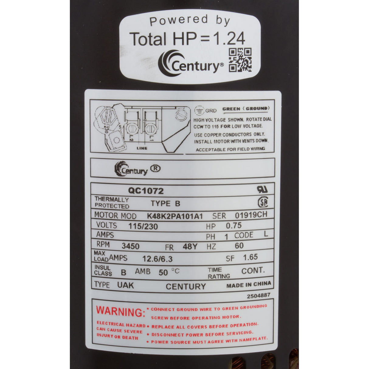 Motor, Century, 0.75hp, 115v/230v, 1-Spd, 48Yfr, SQFL, Full : QC1072