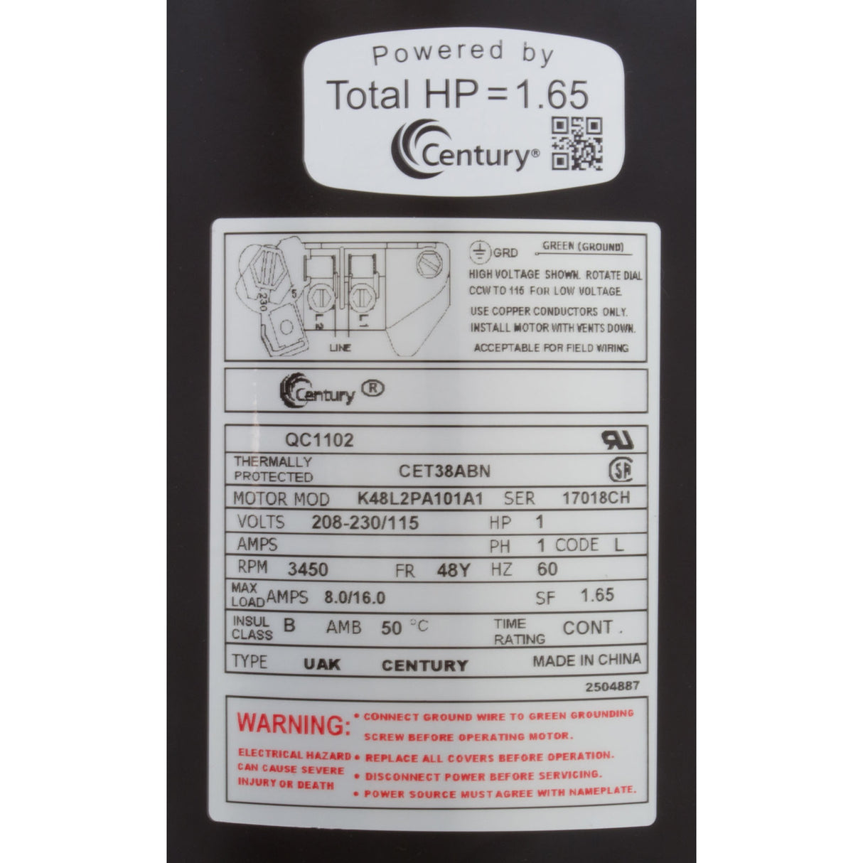 Motor, Century, 1.0hp, 115/208-230v, 1-Spd, 48Yfr, SQFL, Full : QC1102