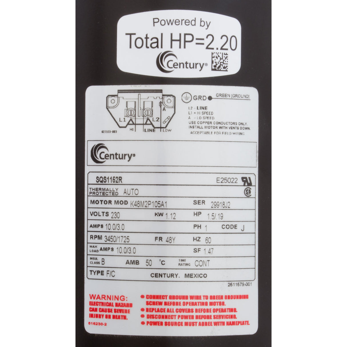 Motor, Century, 1.5hp, 230v, 2-Spd, 48Yfr, SQFL, Full : SQS1152R
