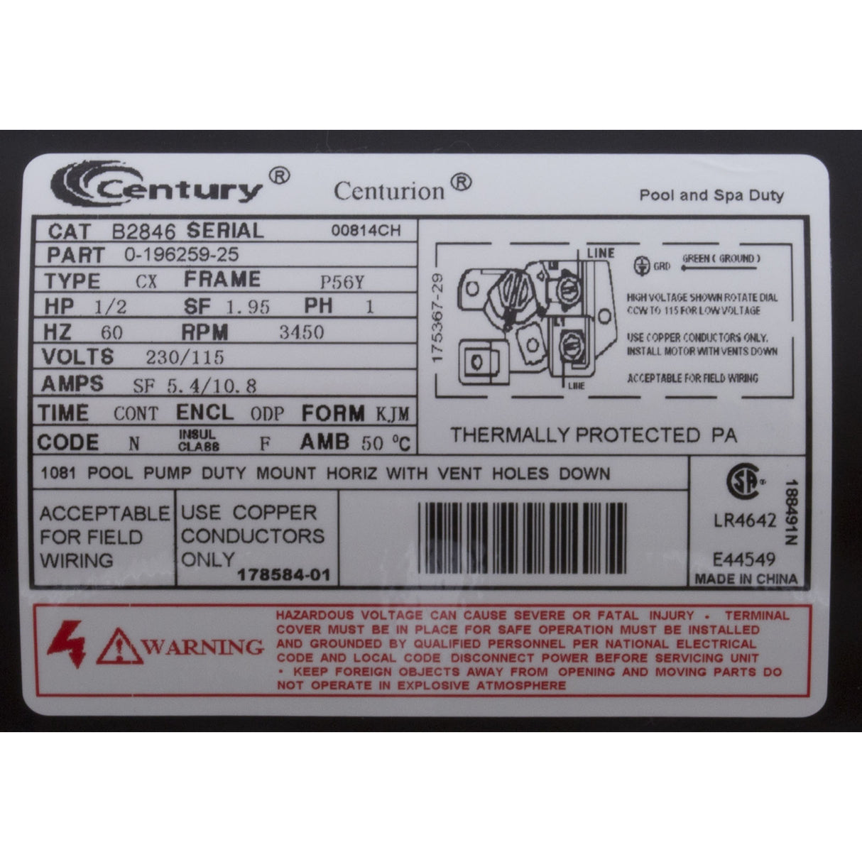 Motor, Century, 0.5hp, 115v/230v, 1-Spd, 56Yfr, SQFL : B2846