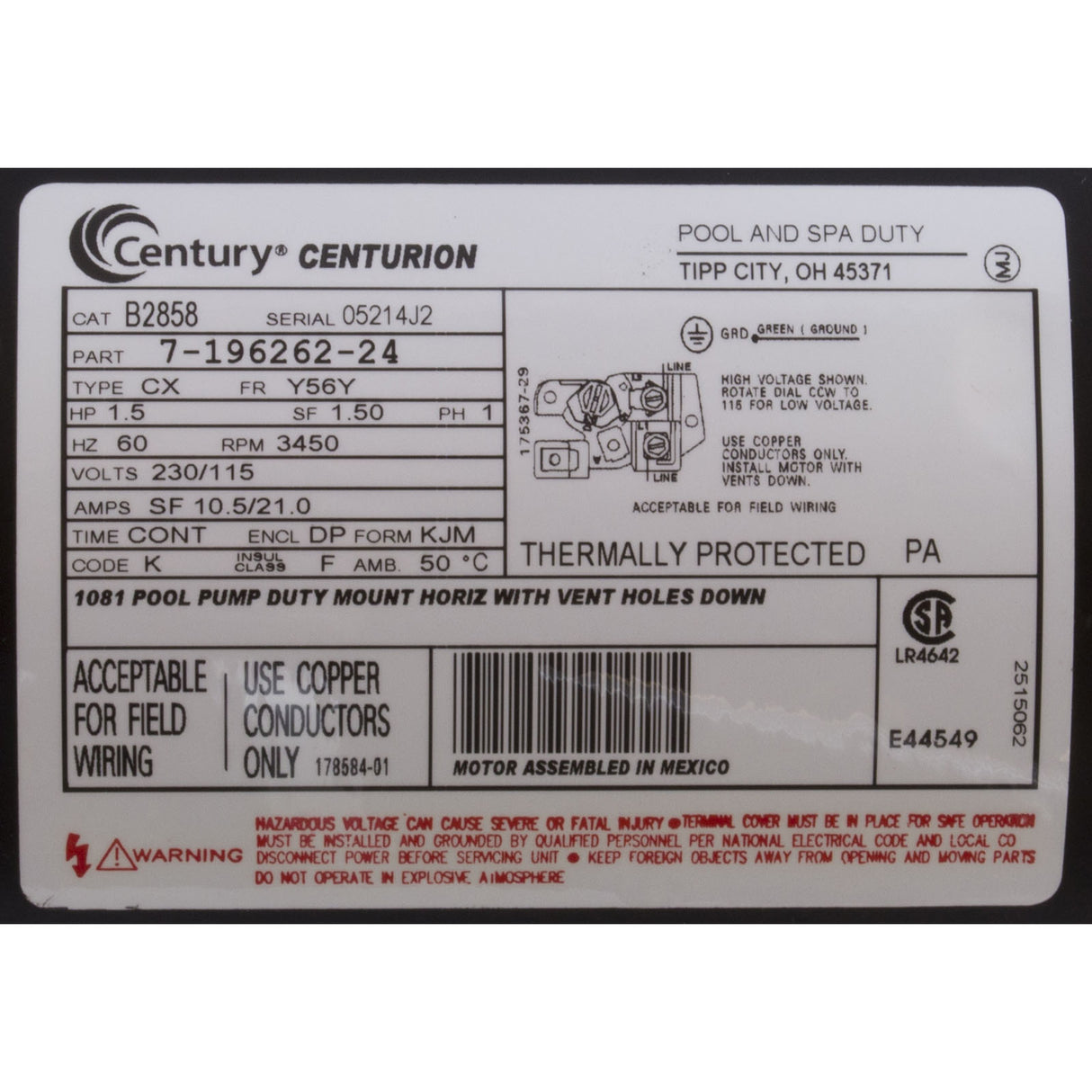 Motor, Century, 1.5hp, 115v/230v, 1-Spd, 56Yfr, SQFL, Full Rate : B2858