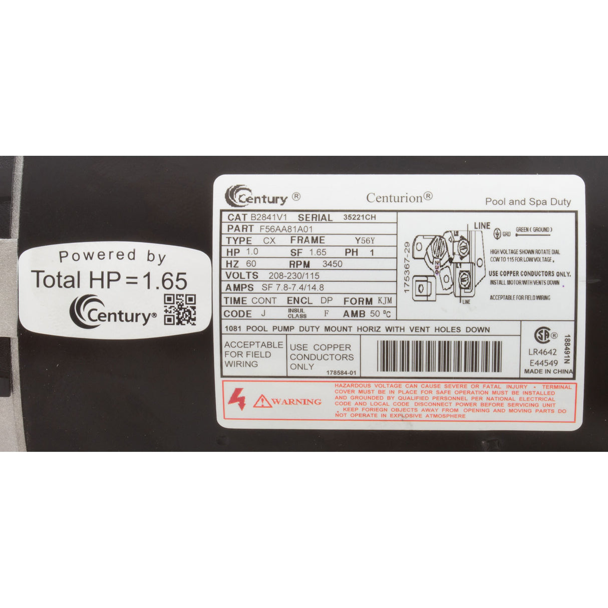 Motor, Century, 1.0hp, 115v/208-230v, 1-Spd, 56Yfr, SQFL : B2841V1
