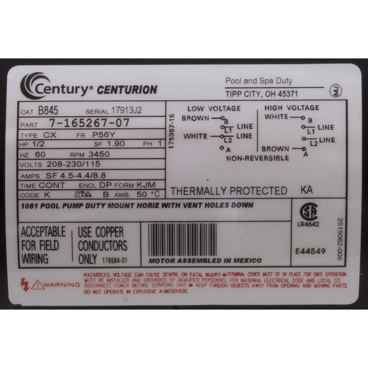 Motor, Century, 0.5hp, 115v/230v, 1-Spd, 56Yfr, SQFL, EE : B845
