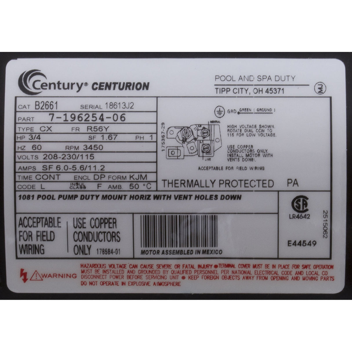 Motor, Century, 0.75hp, 115v/230v, 1-Spd, 56Yfr, SQFL, EE : B2661