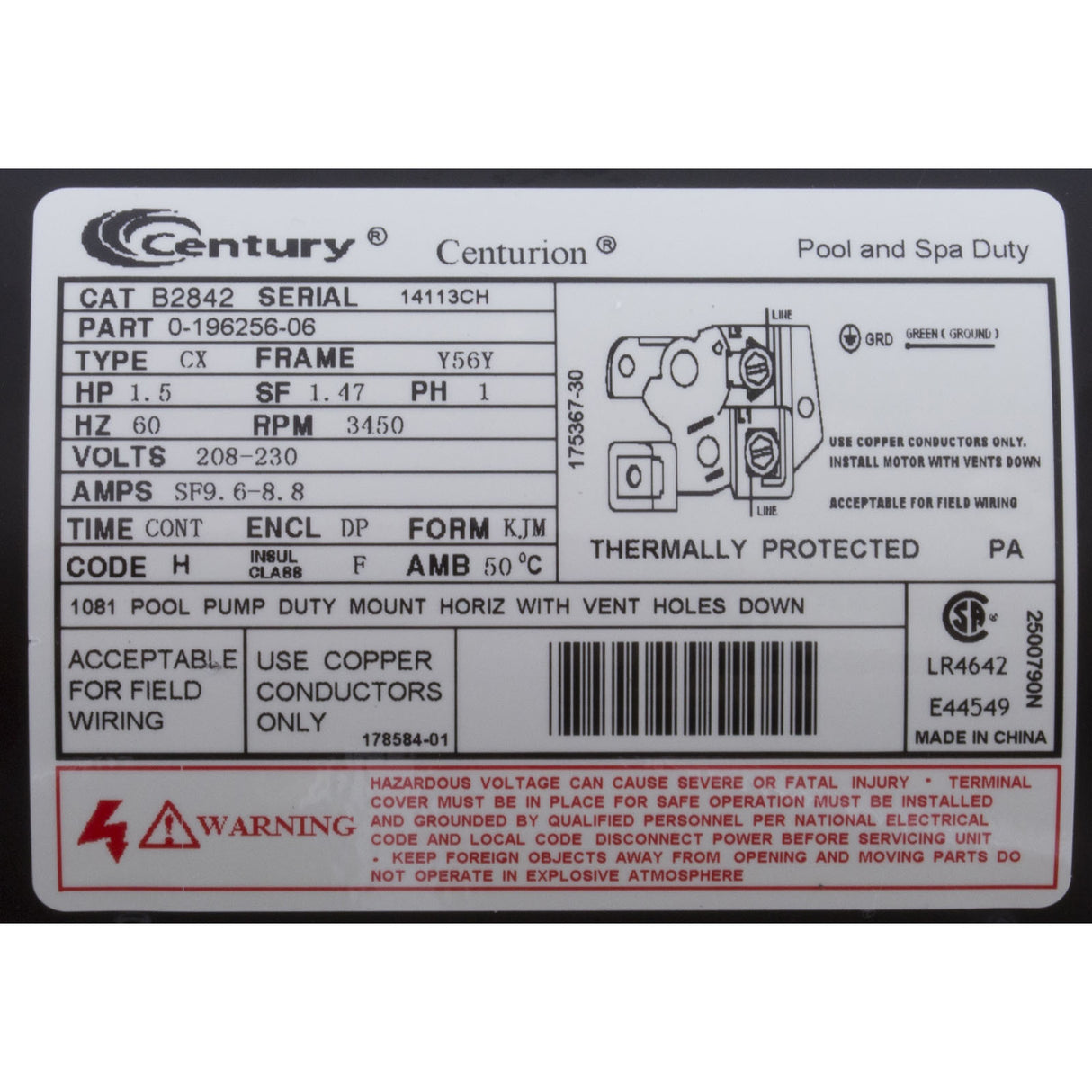 Motor, Century, 1.5hp, 208v-230v, 1-Spd, 56Yfr, SQFL, EE, Full Rate : B2842